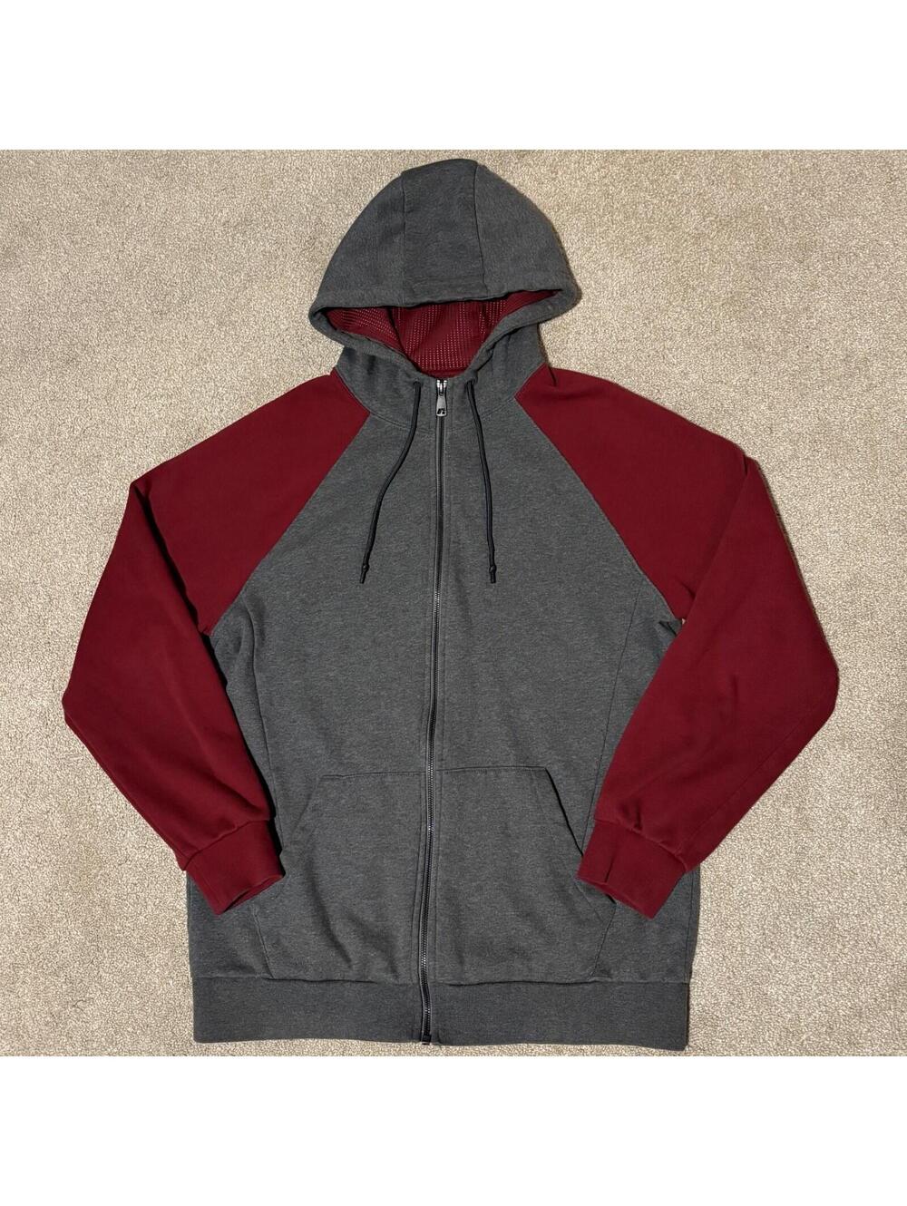 Russell Athletic Mens Full Zip Hoodie Premium Fleece Sweatshirt Gray Red, Sz M